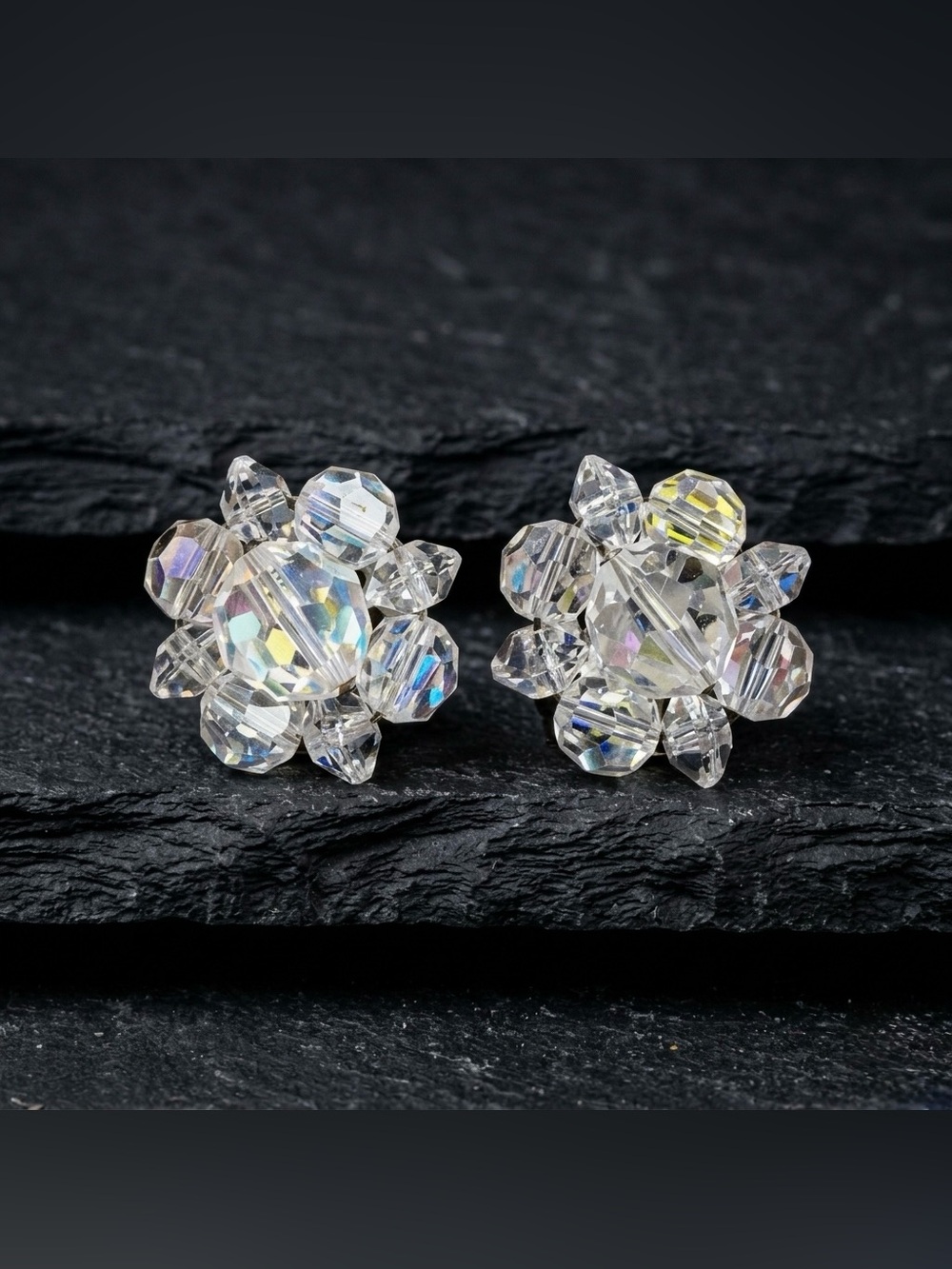 Vintage 50s Aurora Borealis Clear Glass Cluster Crystal Hoop Clip On Earrings
C